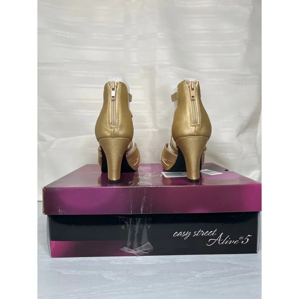 Easy Street Crissa Platform Dress Sandals Gold Satin Womens Size 8M